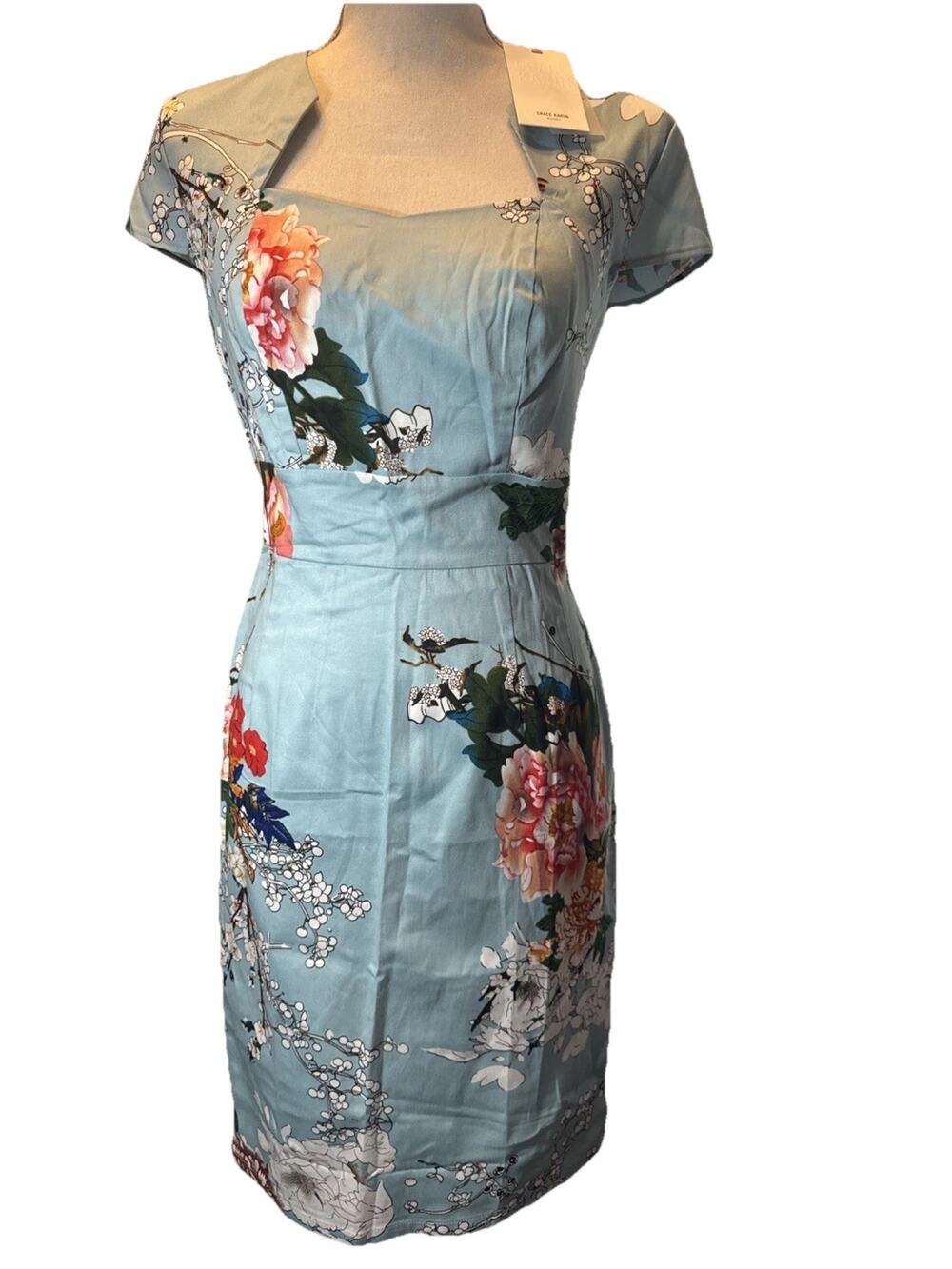 NWT Grace Karin Baby Blue Floral Pencil Dress-Sleeveless Square Neck Spring- S